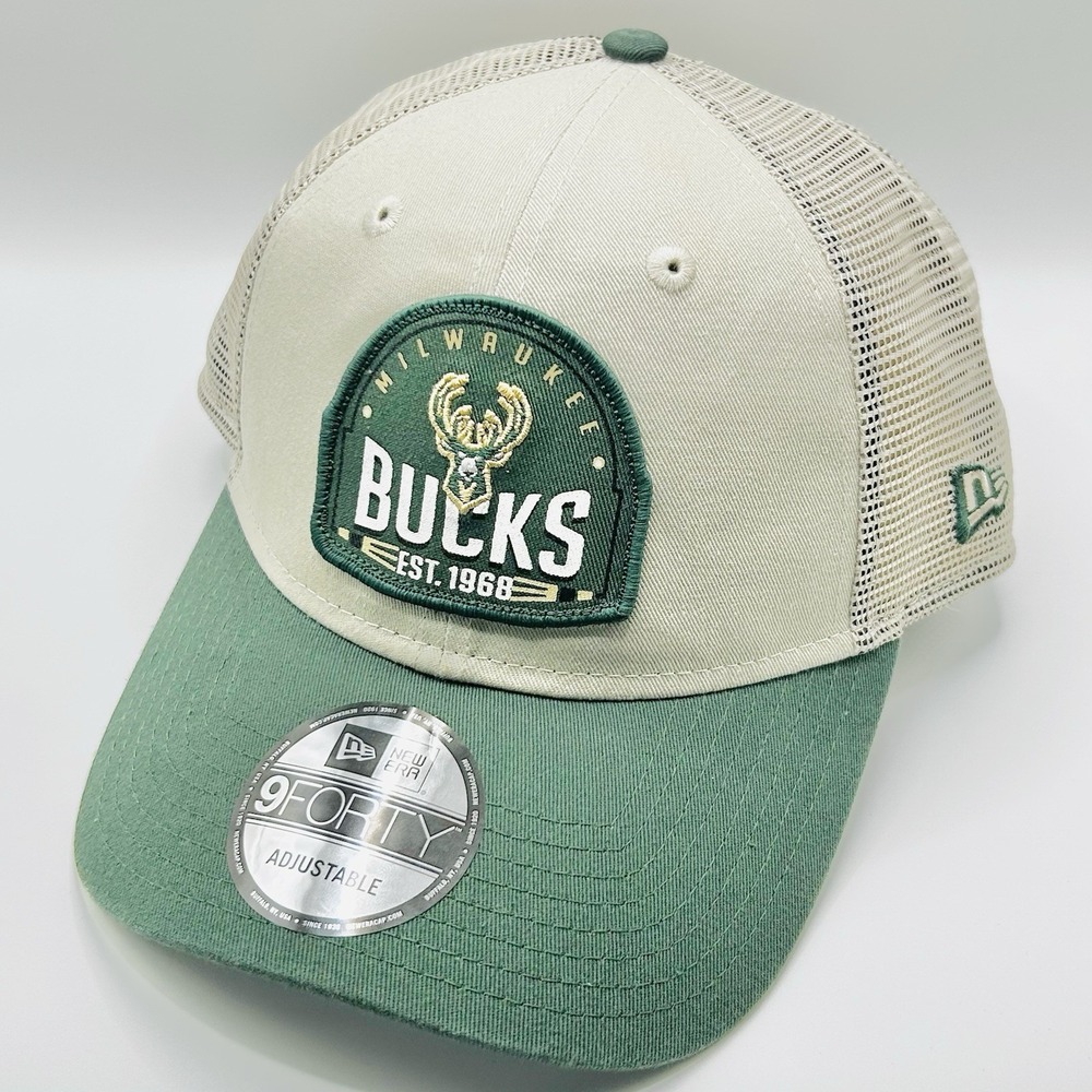 Milwaukee Bucks New Era Patch Trucker 9FORTY Hat Cap Snapback Adjustable NBA